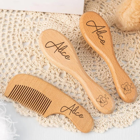 DOYOUWE Custom Baby Hair Brush and Comb Set for Newborns, Personalized Wooden Toddler