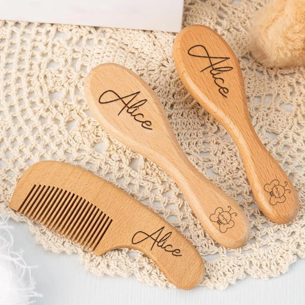 DOYOUWE Custom Baby Hair Brush and Comb Set for Newborns, Personalized Wooden Toddler