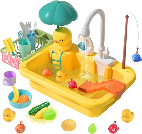 CUTE STONE Play Sink with Running Water - Kitchen Sink Toys with Play Food and Utensils for Children Role Play