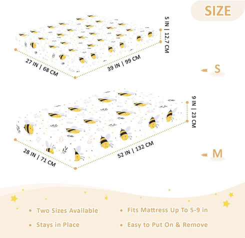 miaozhen 1 Pack 52x28 Cotton Crib Sheets for Baby Boys Girls Soft Stretchy Cute Cartoon Creature Bee White Newborns