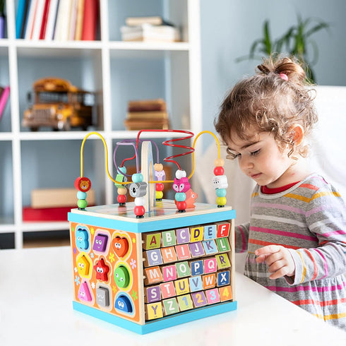 Qilay Wooden Activity Cube for Toddlers 1-3 - 5 in 1 Multipurpose ABC-123 Abacus Bead Maze Shape Sorter