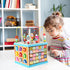 Qilay Wooden Activity Cube for Toddlers 1-3 - 5 in 1 Multipurpose ABC-123 Abacus Bead Maze Shape Sorter