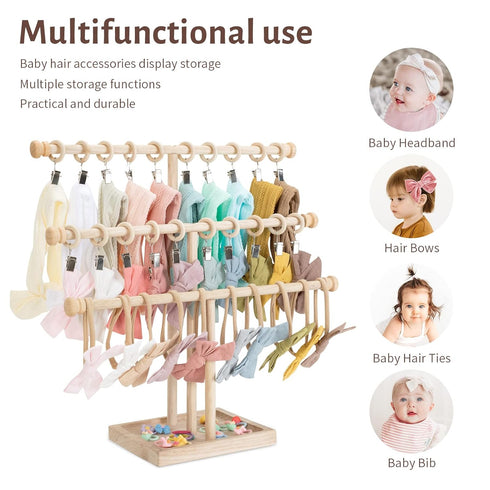 3 POVETIRE Headband Holder Stand Storage for Baby, Tier Wooden Bow Organizer for Girls Hair Bows, Infant Hair