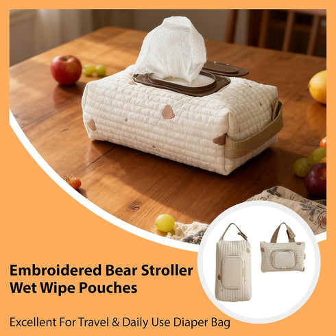 Generic Embroidered Bear Stroller Wet Wipe Pouches,Stylish Bear Embroidery Wet Wipe Pouches,Portable Baby Wipe Holder