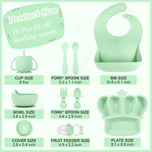 BXLL 10 Set Pcs Green Silicone Baby Feeding - Baby Led Weaning Supplies with Suction Bowl, Divided Plate, Bibs, Fruit