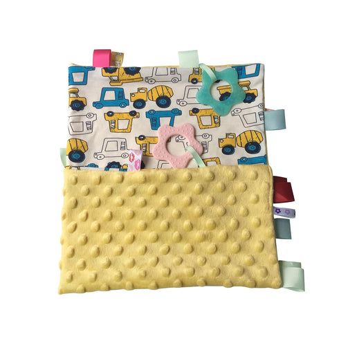Baby Security Blanket for Unisex - Yellow Car Baby Lovey Taggy Blanket with Minky Dot Fabric, Soft & Breathable, 21 *