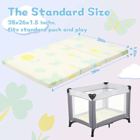Jelumonpe Pack 38"x26"x1.5",Trifold Pack and Play Mattress Portable n Play Mattresses with Carry BagWaterproof Playpen