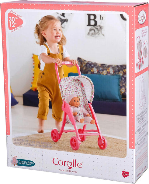 Corolle Baby Doll Stroller with Folding Canopy - Mon Premier Poupon Accessory for 12" Dolls, Pink/Floral Pattern