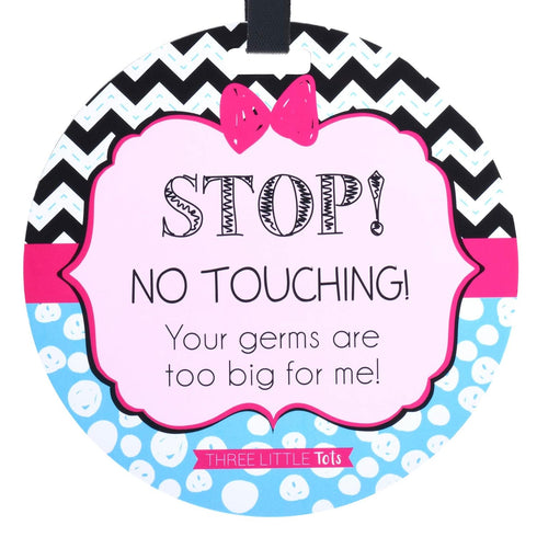 THREE LITTLE TOTS Pink Zig Zag Stop No Touching Baby Car Seat Sign or Stroller Tag - CPSIA Safety Tested