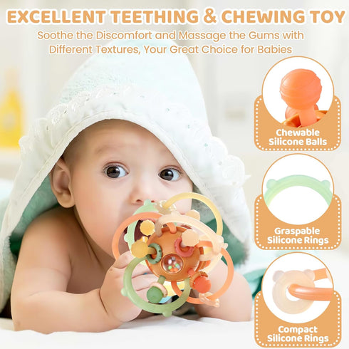 Orzbow Baby Sensory Teething Teether Toys, Infant Montessori Toys, Silicone Baby Rattle Balls Toys, Baby Chew Toys for 3-6-12-18 Months Sucking Needs, Teethers Relief, BPA Free, Brown