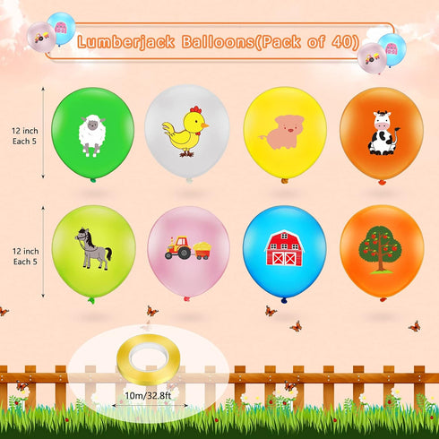 Gejoy 40 Pcs Farm Animal Balloons - 12 Inch Chicken, Cow, Pig, Sheep Latex Balloons for Kids Birthday Party Decorations
