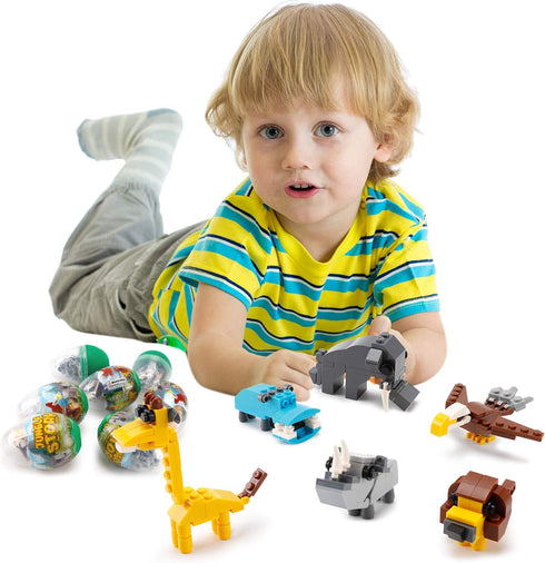 Wild Safari Toys - 12 Surprise Animal Eggs Standard Size Building Blocks STEM Toys - Educational Kids 3D Puzzle Party