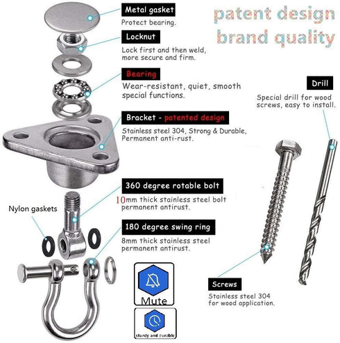 Stainless Steel Hanger with Smooth Swing Bearings - Heavy Duty 180°+360° Swivel Hook, 1500 lb Capacity for Hammock Chair