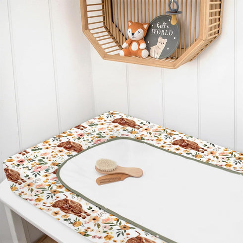 Highland Cow Boho Floral Changing Pad Cover for Baby Girls, Soft Stretchy Fitted Diaper Change Table Covers 32"/34" x