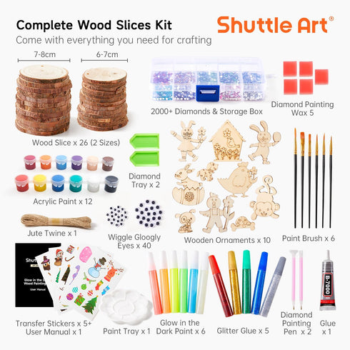 5-12, Kids Wood Painting Craft Kit, Glow-in-the-Dark Paint and Diamond Painting on Wood Slices with Stickers & Wiggle