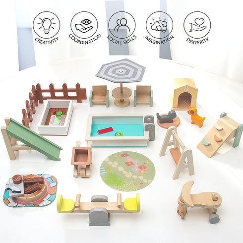 Set 3-6 HAPGFS Wooden Doll House Furniture and Accessories Outdoor Play for Kids- Includes Slide, Swing, BBQ Grill