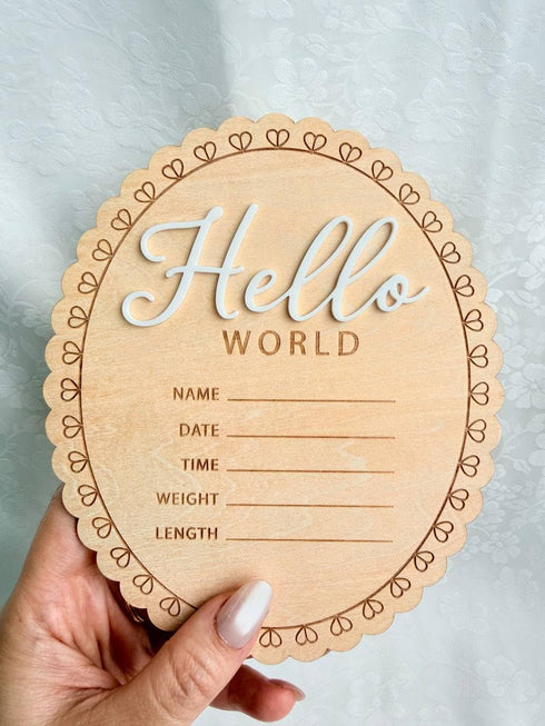 Kemmintvn Hello World Baby Wooden Ornament, Newborn Birth Announcement Plaque, Baby Milestone Keepsake, Nursery Decor
