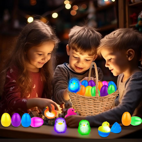 24 Pack AMENON Prefilled Easter Egg with Toys Fillers , Light Up Chick Duck Puffer Balls Easter Basket Stuffers Squeeze