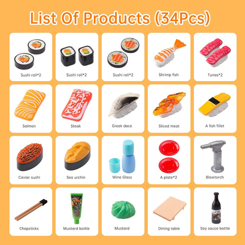 Funpynani Set, 34Pcs, 3+ Sushi Slicing Play Food Ages LED Light with Color Changing Pretend Food Toys Accessories