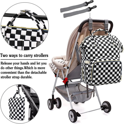 MCWTH Backpack Set Checkered Diaper Bag for Baby Girls Mom, Large Capacity Multi-Function Nappy Bags Organizer