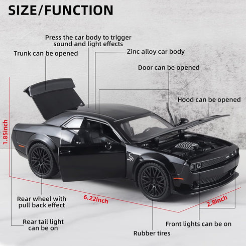 Toy Cars for Kids 1/32 Challenger Hellcat Die Cast Metal Toy Cars, Pull Back Hellcat Car with Light and Music