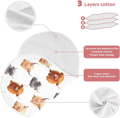 KEIGE 4Pcs Girls,11x22in,A110859 Cute Highland Cow Pattern Burp Cloth,Unisex Large Absorbent Soft Cotton Muslin Burping