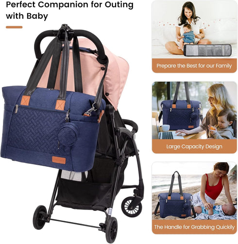Large Waterproof Diaper Bag Tote with Changing Pad