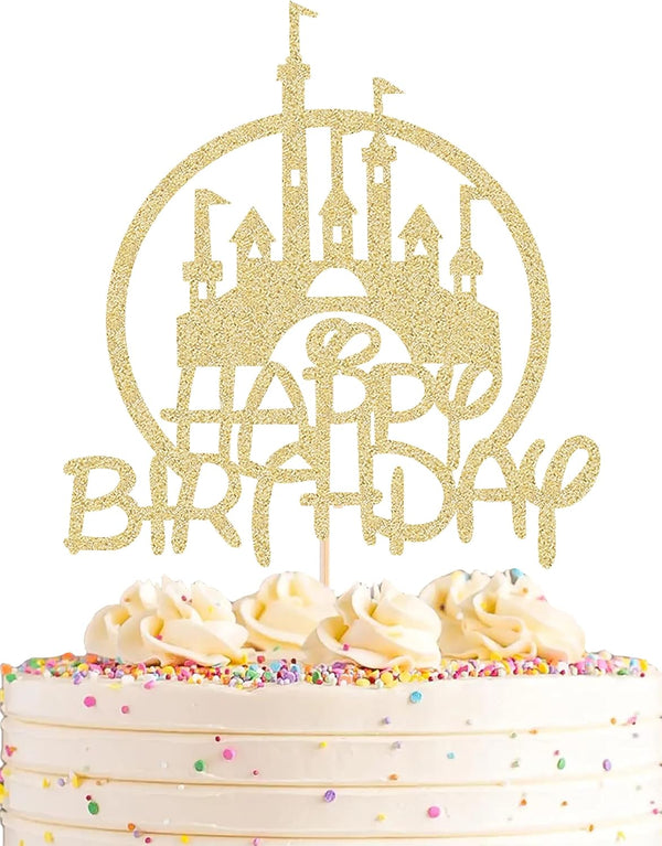 Castle Birthday Cake Topper - Gold Glitter Castle Theme Decoration Supply for Princess Prince Happy Birthday