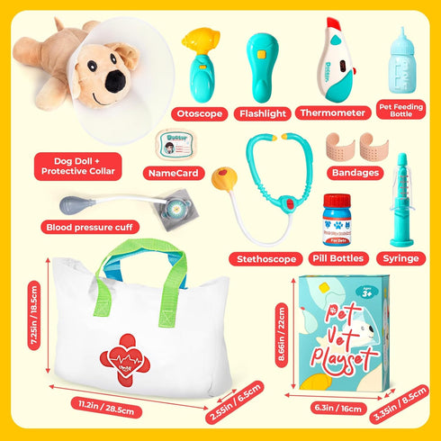 Veterinarian Kit for Kids, Pretend Play Doctor Set with Dog Toy and Tote Bag for Ages 3+