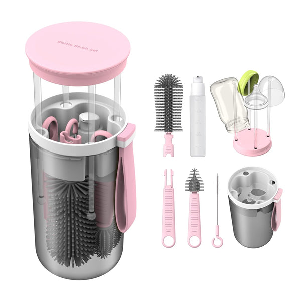 Travel Baby Bottle Brush Set with Extendable Liquid Silicone Brush, Nipple Brush, Drying Rack, Straw Cleaner, Soap