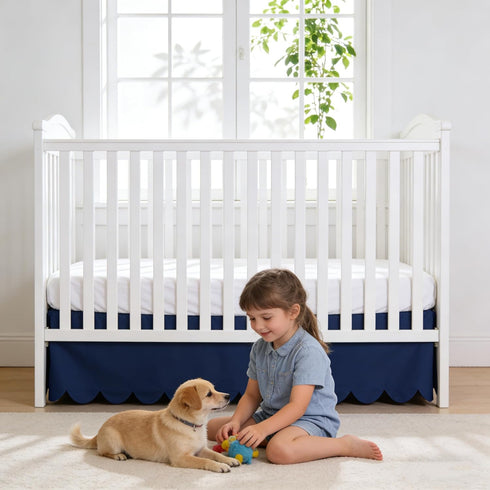 100% 400 Count 52"X28" 14" Scallop Edge Crib Skirt Navy Blue, Egyptian Cotton Thread Crib Skirt Dust Ruffle,Double