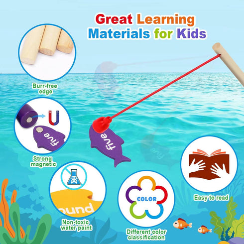Wooden Magnetic Sight Word Fishing Game - Alphabet Puzzle for Toddlers Age 3-6 - Educational Homeschool Toy