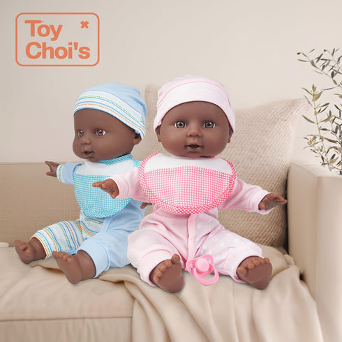 12 inch Set 2 3 4 5 Toy Choi's Twin Baby Dolls - Two Soft Black Body Babydoll with Rompers, Hat and Pacifier, Doll