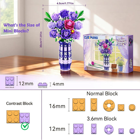 Set 17 CUBIMANA Purple Roses Flowers Building with Vase & LED Light, Mini Flowers Bouquet Building Blocks Toy