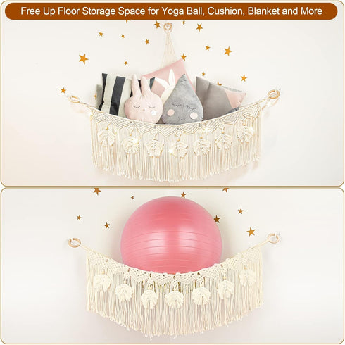 Hammock ANROYE Macrame Stuffed Animal Toy Net with Star Light, Small Plushies Boho Storage for Nursery, Corner Wall