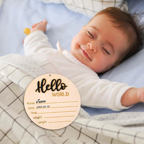 NQEUEPN 5.9in Baby Announcement Sign Plate, Wooden Newborn Disc Board with Ink Pad for Hand & Footprints Hello Birth