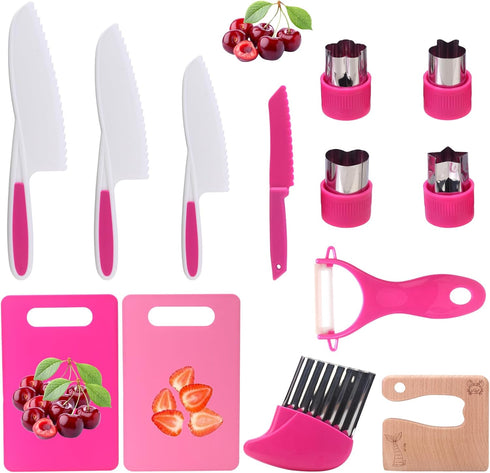 13 Pieces Montessori Kitchen Tools for Toddlers, Safe Knives Set for Real Cooking with Cutting Board