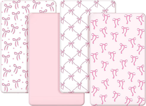 CroBlissful 4 Pack Coquette Pink Bows Baby Crib Fitted Sheet 52'' x