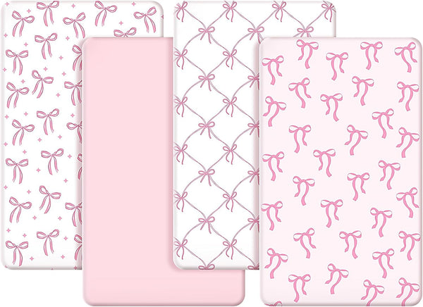 CroBlissful 4 Pack Coquette Pink Bows Baby Crib Fitted Sheet 52'' x