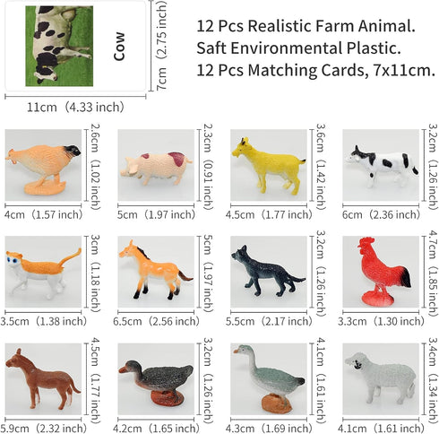 Farm Animal Toys with Flash Cards - 12 Sets of Realistic Figures, Educational Cognitive Toys for Toddlers
