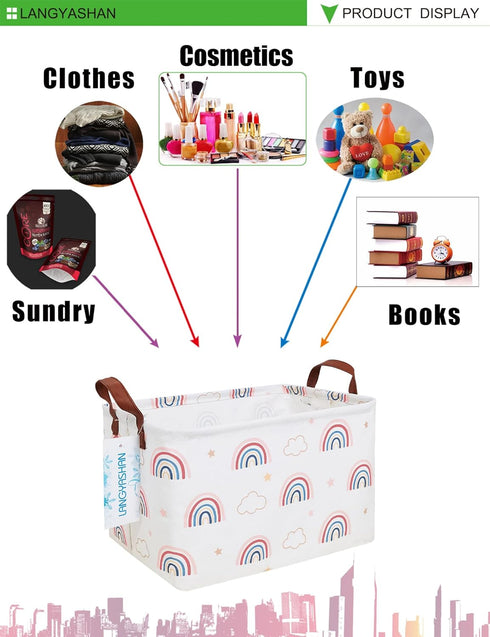 LANGYASHAN Cartoon Storage Basket, Rectangular Canvas Fabric Bin with Handles for Organizing Home Kitchen Toys (Rec
