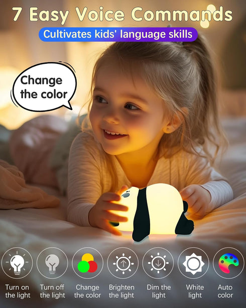 6 30-Minute Voice Control Panda Night Light, Colors Timer, Cute Animal Silicone Nursery Night Light Rechargeable Table
