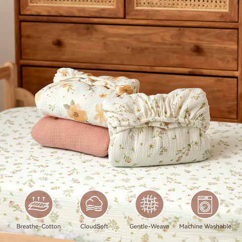 Generic 52"x28" 3 Pack Muslin Crib Sheets, Fitted Crib Sheet for Baby Girl and Boy, Soft Cotton Cover for Standard Crib