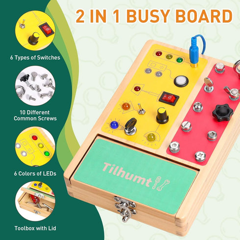 Tilhumt 2-in-1 Busy Board, Montessori Screwdriver Board Set with LED Light Switch Toy for Kids 3-5 Years Old