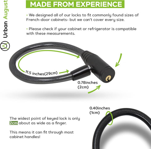 Urban August Child-Proof Refrigerator Lock | Cable Lock for French Door Fridge, Bike, Stroller, & Helmet | Small, Black