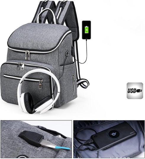 Ybberik Backpack Backpack Diaper Bag with Stroller Straps, USB Charging Port, Headphone Hole, Large Baby Diaper