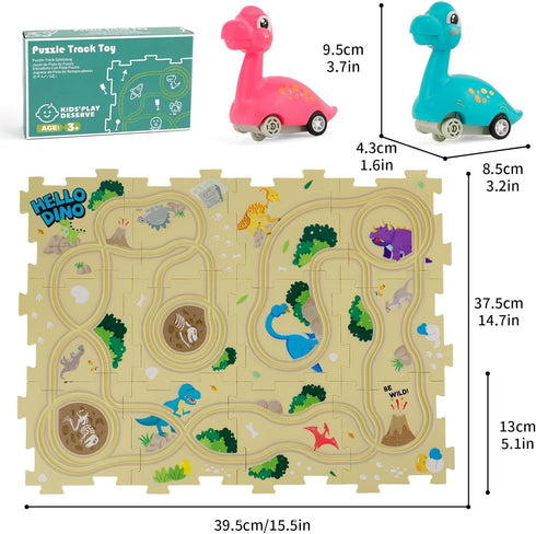Kids Car Track Set Puzzle Racer with 2 Dino Cars, Toys for Boys Ages 2-6, Montessori Car Tracks for Toddlers