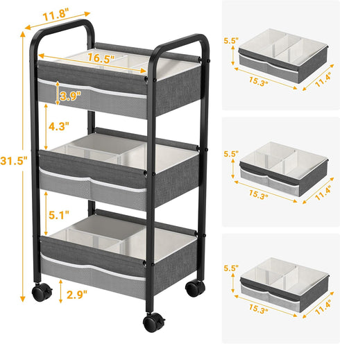 3 Baby Diaper Caddy Rolling Utility Cart, Tier Baby Essentials Nursery Organizer and Storage with Dividers and Drawers