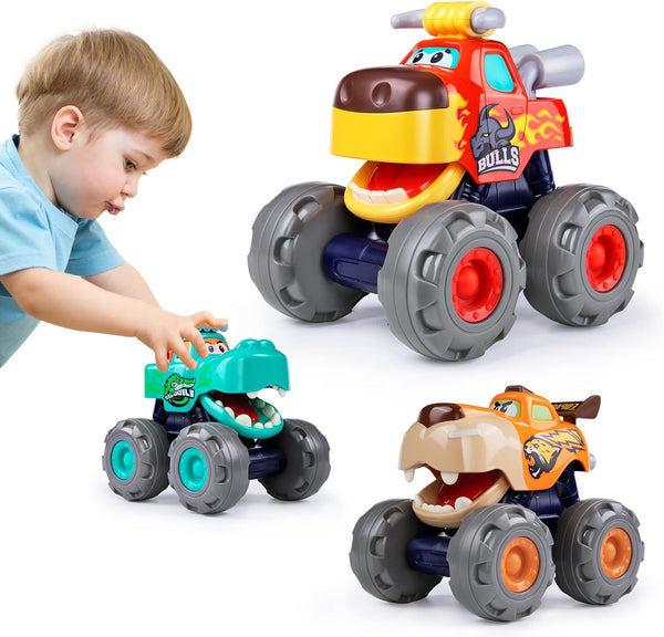 Toy Cars For 1 2 3 Year Old - 3 Pack Monster Truck Toy - Push & Go Crocodile Friction Powered Bull Pull Back Leopard