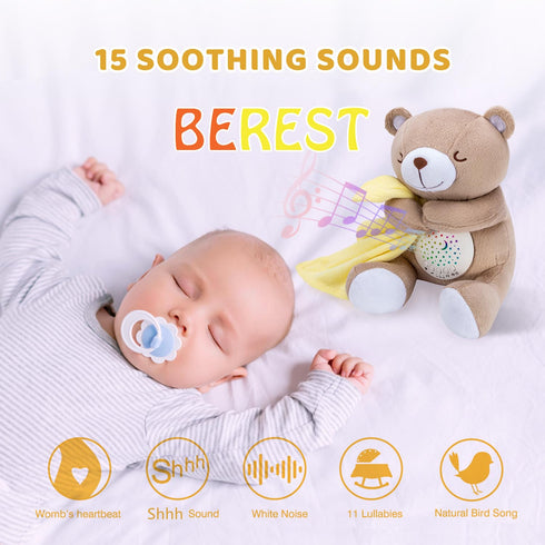 BEREST Rechargeable Baby Sleep Soother Bear, Nursery Decor Night Light Projector, Mom's Heartbeat Cry Sensor Lullabies